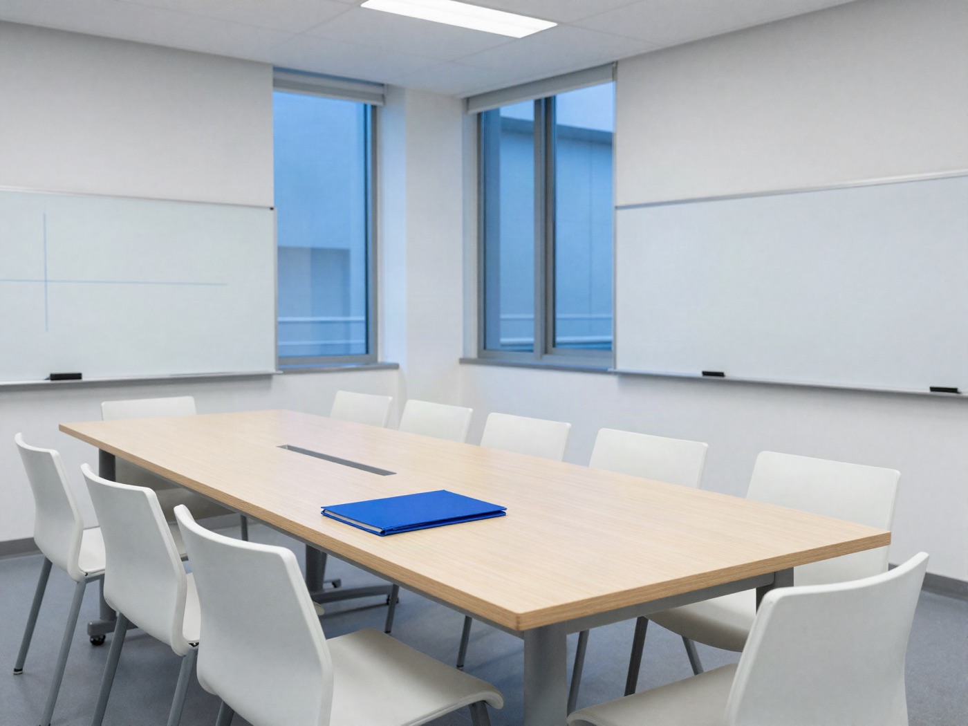 An empty seminar room with white chairs, a pale wood table, and a blue folder